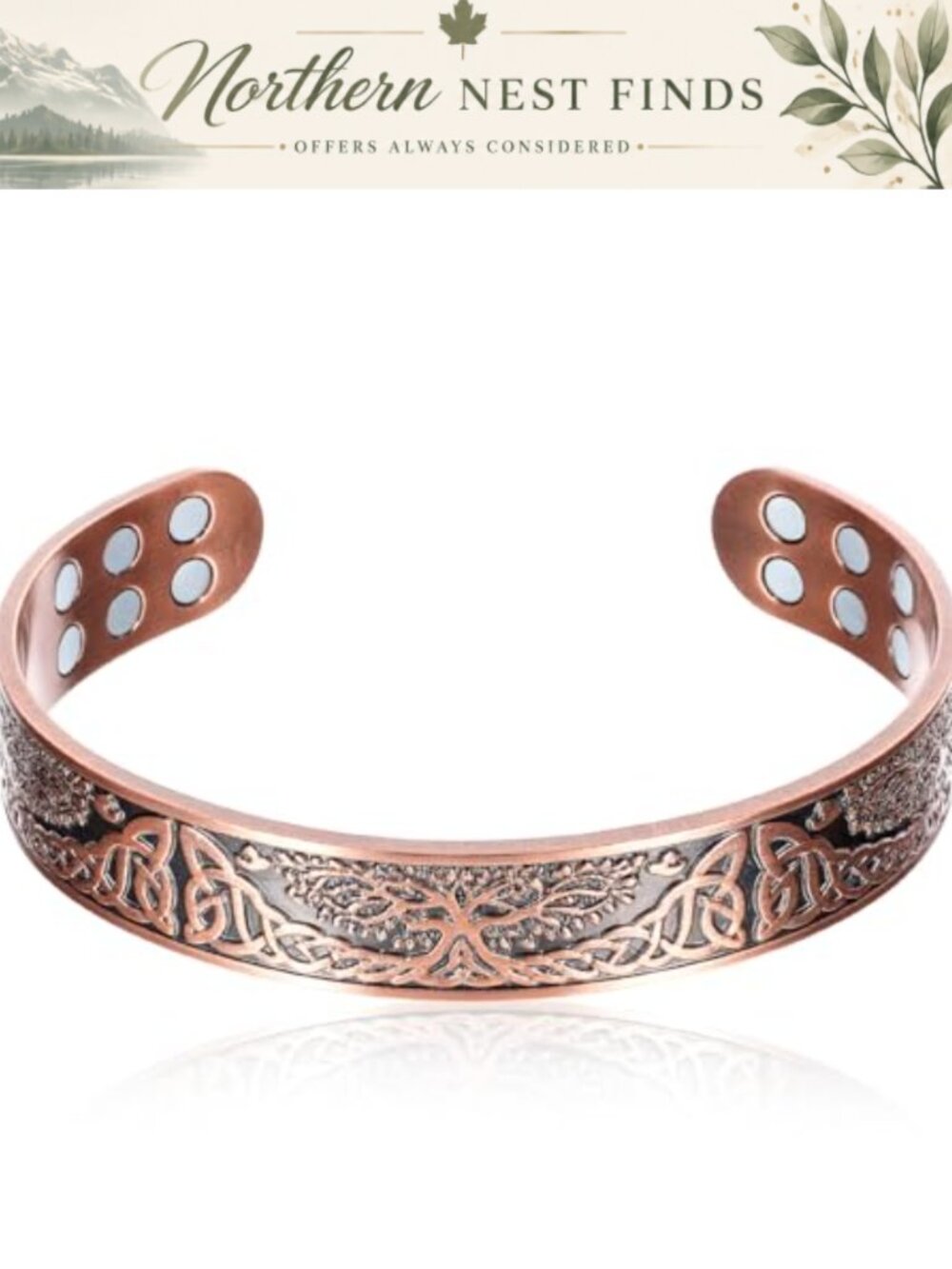 Pure Solid Copper Bracelet 3500 Gauss Adjustable Cuff Tree of Life Unisex